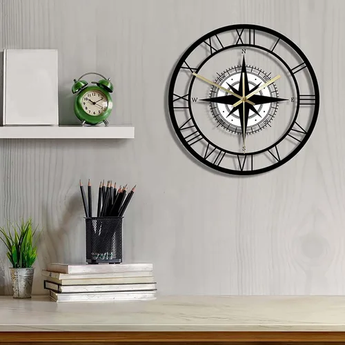 Vista 3 de Home Decoration Clock Compass Wall Clock 30 * 30Cm Metal Decorative Decor Non Ticking for Bathroom Clocks Wall(A)