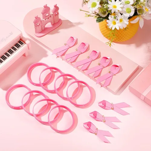 Vista 4 de Sratte 400 Pcs Breast Cancer Awareness Lapel Pins and Ribbon Bracelets, 200 Rubber Wristbands, 200 Ribbon Pins, Breast Cancer Awareness Accessories