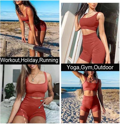 Vista 4 de TWFRHC - Conjuntos de entrenamiento para mujer con tirantes acanalados, 2 piezas, sin costuras, cintura alta, para gimnasio, pantalones cortos