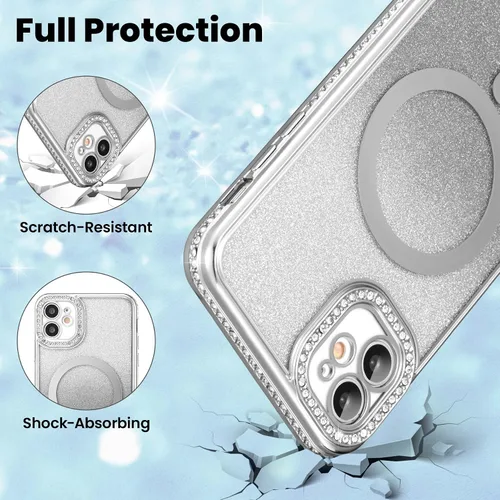 Vista 6 de ZCDAYE Funda con purpurina para iPhone 11 con decoración de diamantes, funda brillante de lujo con protector de cámara compatible con carga sin