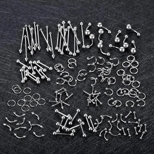 Vista 6 de Xpircn Kit de 150 piercings de acero inoxidable para labios, nariz, lengua, tragus, cartílago, daith, cejas, ombligo, ombligo, piercing