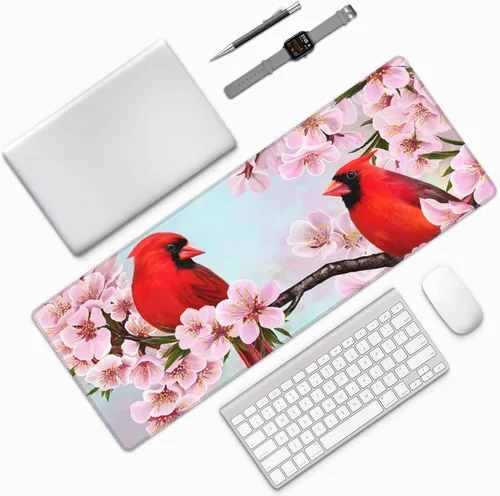 Vista 2 de Alfombrilla de mouse grande con bonitos pájaros rojos en flores de cerezo extendida con bordes cosidos, alfombrilla de mouse para computadora