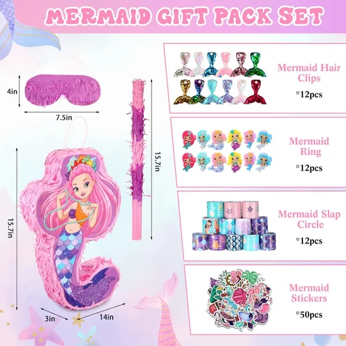 Vista 2 de Wettarn 90 piezas de recuerdos de fiesta de sirena, incluye paquete de piñatas de 16 x 12 x 3 pulgadas, pulseras de horquilla para niños, niñas