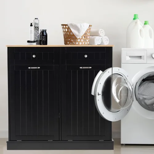Vista 7 de Spurgehom Gabinete de basura inclinable de 13 galones, cubos de basura de cocina, armario de basura moderno con estante ajustable y cajones ocultos