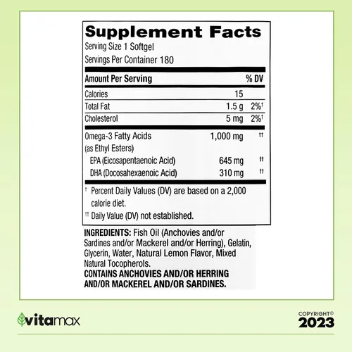 Vista 2 de Spring Valley Omega-3 de aceite de pescado 1000 mg, cuidado máximo, 180 unidades + guía exclusiva de vitaminas VitaMax (2 artículos)
