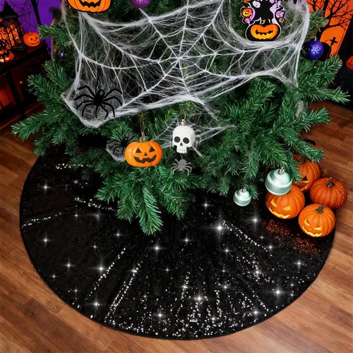 Vista 2 de PartyDelight Faldón para Árbol de Navidad de 24 Pulgadas, Redondo, Lentejuelas Negras Brillantes, Adornos Pequeños, Decoraciones de Fiesta