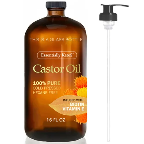 Vista 4 de Aceite de ricino Essentially KateS 16 onzas líquidas (botella de vidrio) - Aguacate + Sacha Inchi - Una botella de vidrio enorme con bomba - 100%