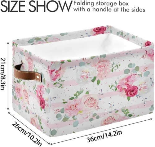 Vista 3 de Cesta de almacenamiento plegable con asas de cuero, con estampado de flores florales, organizador para estante Bethroom, armario, oficina, hogar, 1