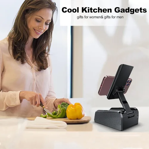 Vista 5 de JTEMAN Soporte para teléfono celular con altavoz Bluetooth, soporte para gadgets de cocina de escritorio con altavoz, regalos de cumpleaños