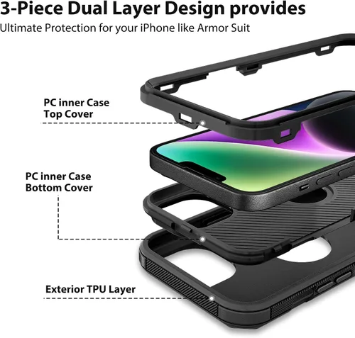Vista 4 de Jiunai Funda para iPhone 14 Plus a Prueba de Golpes Antipolvo Protección de Servicio Pesado Protectora Antiarañazos de Doble Capa Resistente Rugosa