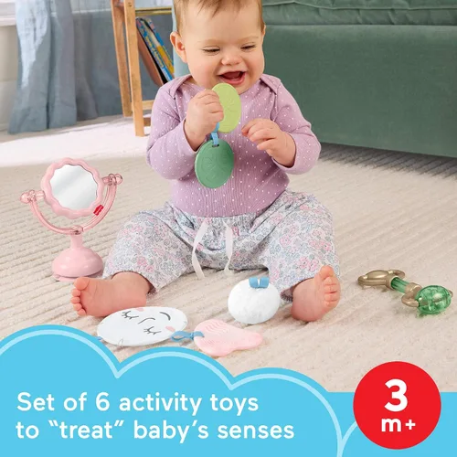 Vista 2 de Fisher-Price Baby Toys Mini Me Moments - Juego sensorial de cuidado personal, 6 piezas, sonajero y mordedor, actividades para recién nacidos a