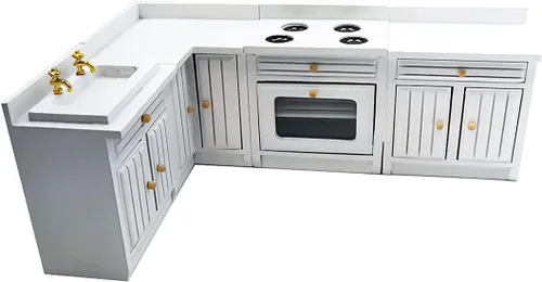 Vista 10 de Accesorios de decoración de casa de muñecas, casa de muñecas 1:12, muebles en miniatura, juego de gabinetes de cocina de madera combinados Rosa