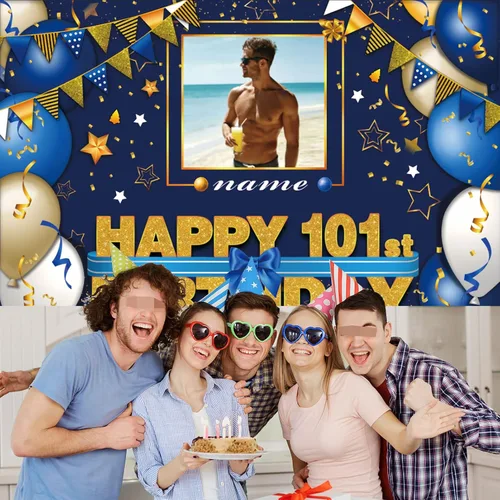 Vista 6 de Pancarta Personalizada de Decoraciones de Feliz Cumpleaños 101 - Telón de Fondo de 101 Años para Mujeres Hombres Niños Niñas Suministros de Fiesta