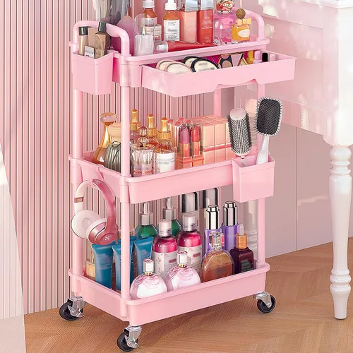 Vista 14 de Goovilla Carrito Organizador de Maquillaje Rodante con Cajón Extraíble, Carrito de Almacenamiento de Cuidado de la Piel de 3 Niveles Estable Negro