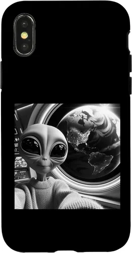 Vista 4 de iPhone 14 lindo alienígena divertido negro y blanco selfie UFO Earth caso