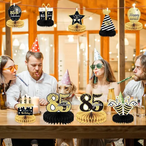Vista 6 de 9 piezas de decoración de cumpleaños n.° 85, centros de mesa de cumpleaños 75 para decoración de mesas, decoraciones de nido de abeja a 85 años