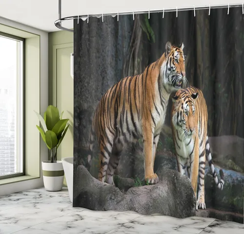 Vista 4 de Ambesonne Cortina de ducha de animales, pareja de tigre en la selva en rocas grandes, impresión de imagen de gatos salvajes en la naturaleza, juego