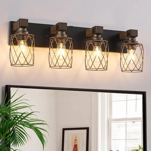 Vista 19 de Farmhouse 3-Light Wood Bathroom Vanity Light, White Metal Cage Shade