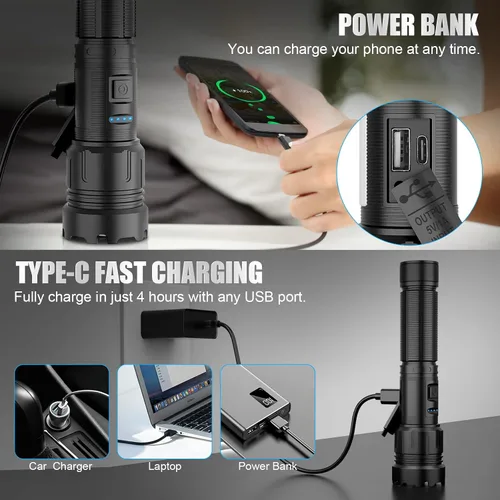 Vista 3 de Linterna magnética recargable de alta luminosidad, súper brillante con luz LED COB, USB C, 7 modos, con zoom, impermeable IPX6, linterna táctica