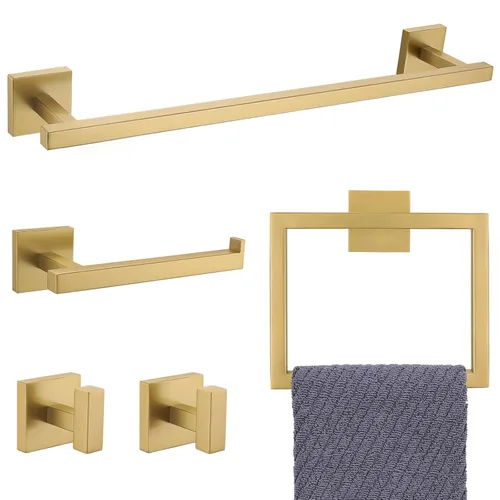 Vista 12 de YACVCL Juego de Barra de Toallas, Juego de 5 Piezas de Accesorios de Baño Negro y Dorado, Juego de Accesorios de Baño Negro y Dorado, Soporte