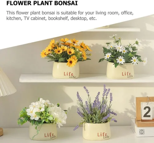 Vista 5 de HOMSFOU Planta simulada de girasol en maceta, 2 piezas, decoración de bonsái artificial para interiores para sala de estar, centro de mesa