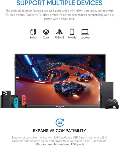 Vista 7 de ARZOPA Soporte para Monitor Portátil con Base, Monitor Portátil Ultradelgado de 14.0" para Laptop FHD 1080P Pantalla Externa con Altavoces Duales