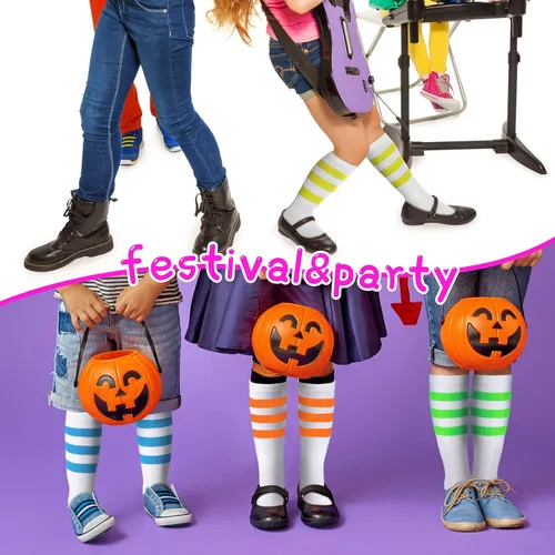 Vista 5 de Giegxin 6 pares de calcetines coloridos a rayas para niños, calcetines de tubo de color neón a rayas para niñas, fiesta de disfraces