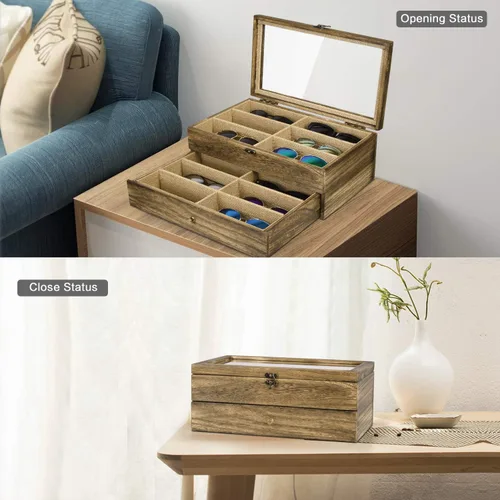 Vista 4 de SRIWATANA Estuche organizador de lentes de sol para mujeres y hombres, caja de exhibición de anteojos de madera con 12 ranuras con parte superior