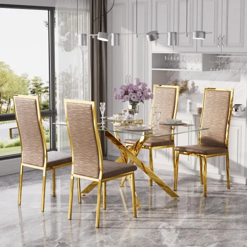 Vista 33 de Juego de mesa de comedor de cristal dorado moderno de 63 pulgadas para 6, juego de mesa de cocina rectangular de 7 piezas con patas de acero Negro