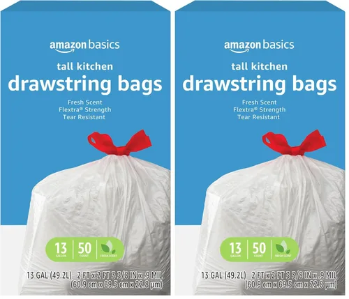 Vista 7 de Amazon Basics Flextra Strength - Bolsas de basura altas con cordón para cocina, aroma fresco, resistentes a desgarros, 13 galones, 50
