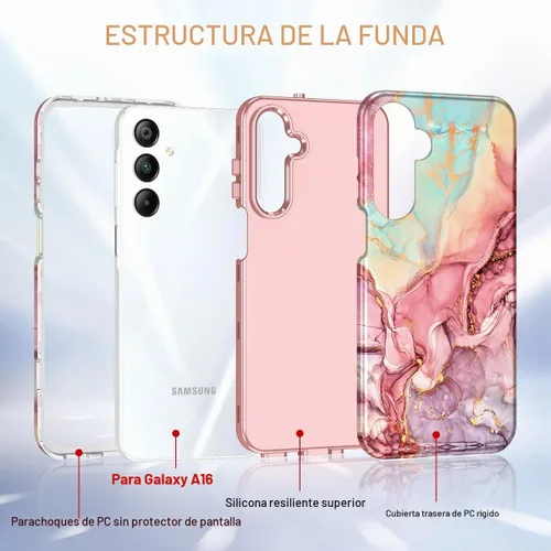 Vista 2 de Btscase Funda para Samsung Galaxy A16 5G, patrón de mármol 3 en 1, resistente a prueba de golpes, cuerpo completo, policarbonato duro y suave Rosa