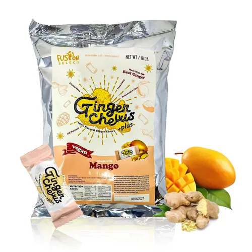 Vista 11 de Fusion Select Ginger Chews - Delicias dulces y confitadas suaves de Indonesia - Promueven el alivio de las náuseas matutinas, malestar estomacal