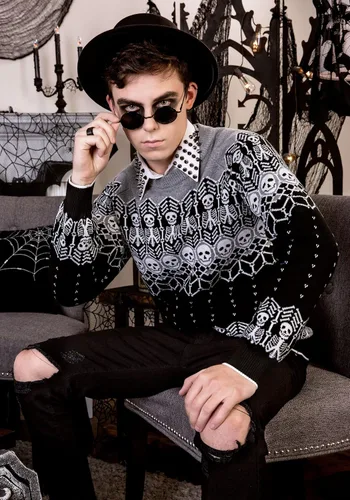 Vista 2 de Fun Costumes Adult Black and White Skeleton Ugly Halloween Sweater XS-3X