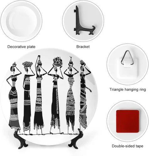 Vista 3 de Plato decorativo de 6 pulgadas, plato de vajilla de mujer africana, boceto de mujeres locales con jarras de cerámica con estampado tribal