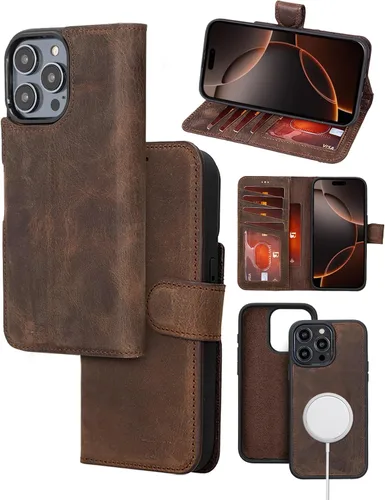 Vista 17 de Bayelon Funda tipo cartera para iPhone 15 Pro, cartera de cuero de grano completo, funda magnética desmontable, tarjetero, funda tipo cartera
