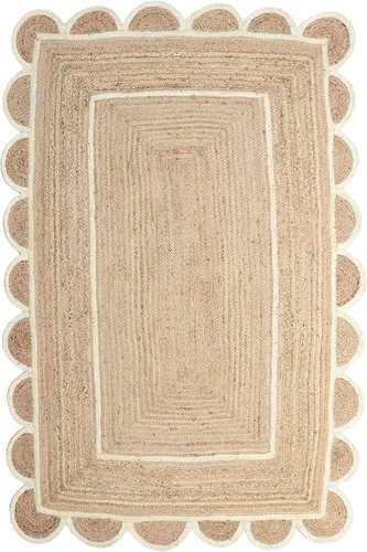 Vista 8 de Alfombra festoneada de yute natural, base natural, borde blanco hueso, 2 x 3