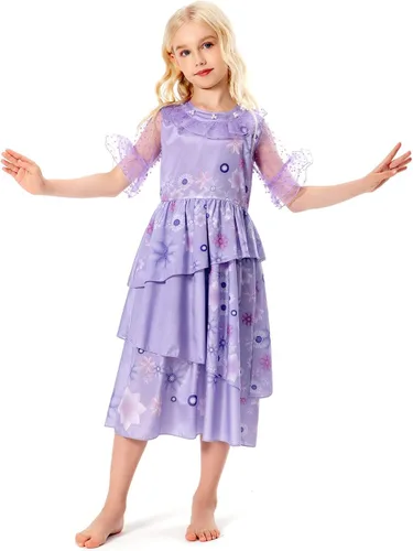 Vista 5 de Vestido Isabela Madrigal para cosplay, vestido de Isabela, falda de princesa con bolsa, trajes de Halloween para niños y niñas, Púrpura