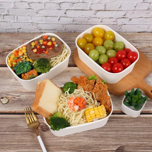 Vista 4 de Cuencos de ensalada de papel desechables de 25 onzas con tapas, recipientes rectangulares para alimentos, cuencos de sopa, suministros de fiesta