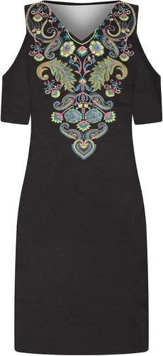 Vista 3 de FQZWONG Vestido mexicano para mujer, vestido tradicional de fiesta, hombros descubiertos, sexy, cuello en V, manga corta, vestido casual floral