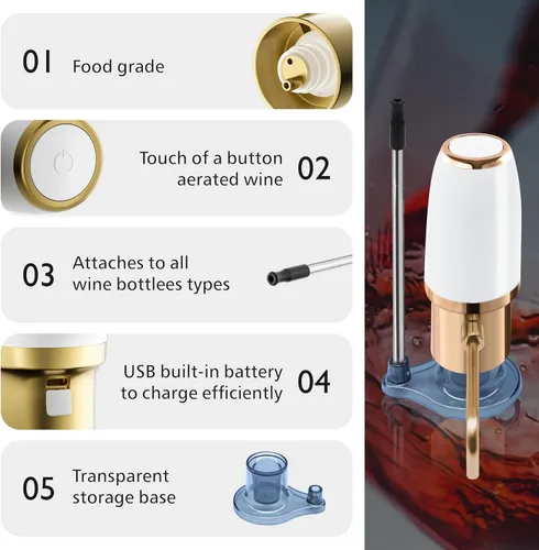 Vista 4 de aireador de vino eléctrico, aireador de vino, decantador de vino eléctrico, caño vertedor aireador de vino, dispensador de vino, accesorios de vino