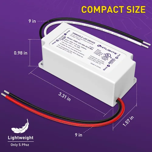 Vista 6 de HitLights Controlador LED regulable de 60 W, transformador electrónico, fuente de alimentación de 120 V CA a 12 V CC para tira de luces LED