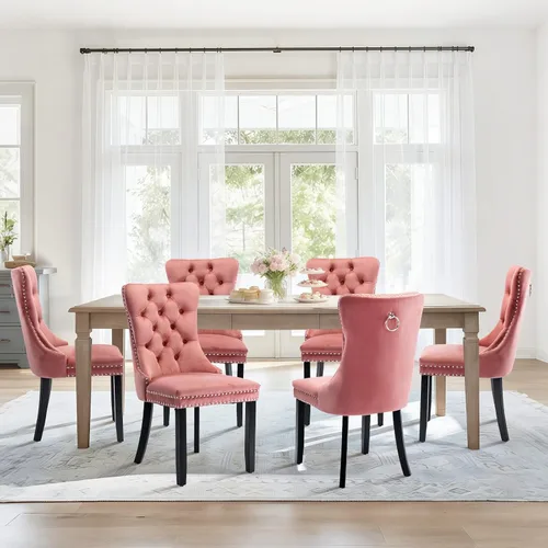 Vista 50 de Juego de 2 sillas de comedor de terciopelo con patas de madera, color beige Mid Century Modern Dining Chairs,Upholstered Chairs with Nailhead