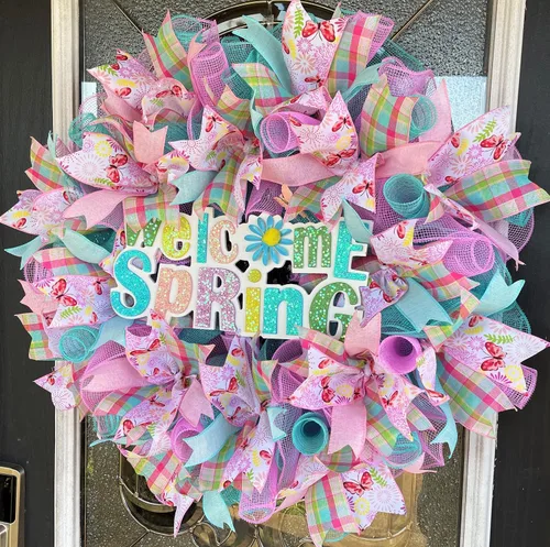 Vista 2 de Welcome Spring Butterfly! Deco Mesh Front Door Wreath, Indoor Outdoor, Farmhouse Country Traditional Decor