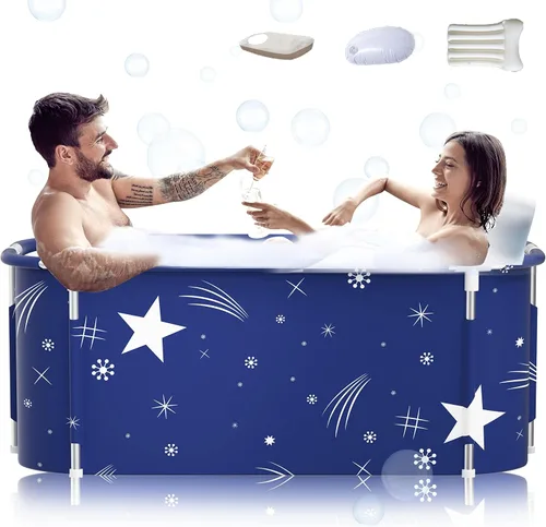 Vista 8 de Bañera plegable portátil extra grande de 53 pulgadas con marco de metal para adultos, bañera familiar con cubierta para baño pequeño, bañera gruesa