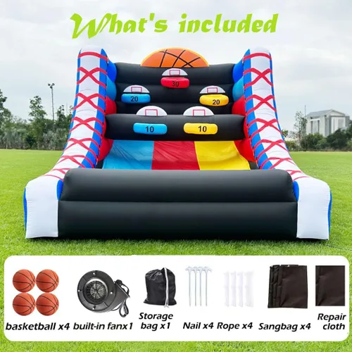 Vista 5 de Juego de baloncesto inflable con 5 aros, 4 bolas, ventilador comercial fácil de instalar, ideal para juegos interactivos de baloncesto