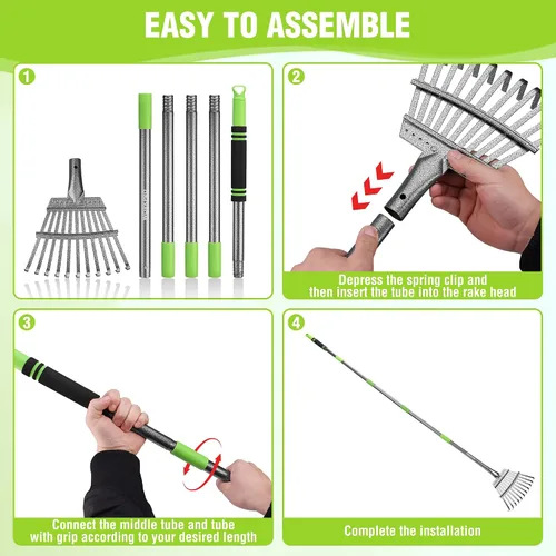 Vista 6 de WORKPRO Rastrillo, rastrillo pequeño para hojas con mango largo ajustable de 72 pulgadas, 11 púas de acero, rastrillos de hojas de metal resistentes