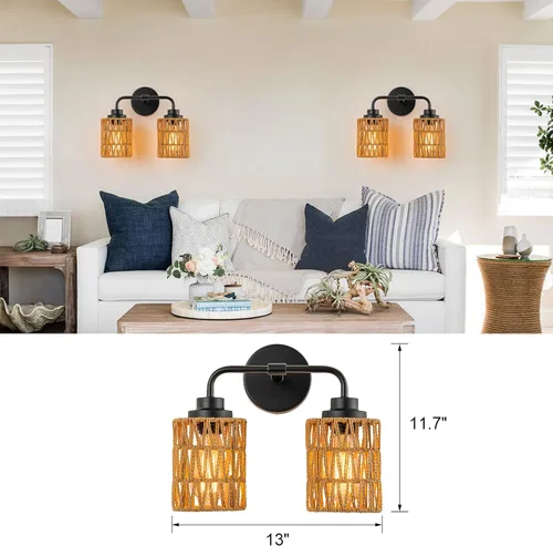 Vista 4 de Lámparas de baño bohemias, luces rústicas de tocador de 2 luces sobre el espejo, iluminación de ratán de granja con persianas tejidas a mano