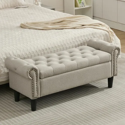 Vista 9 de SOFTHION Banco de almacenamiento de 50 pulgadas para dormitorio, tapizado de lino, beige