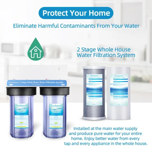 Vista 3 de Geekpure Sistema de filtro de agua de 2 etapas para toda la casa con carcasa transparente grande de 10 pulgadas PP y filtros de carbono, 1 pulgada