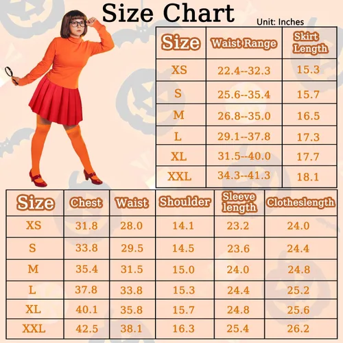 Vista 5 de Disfraz de Velma de Halloween para mujeres adultas, falda roja, traje de cosplay con accesorios, peluca Bob, camisa, gafas, calcetines con lupa